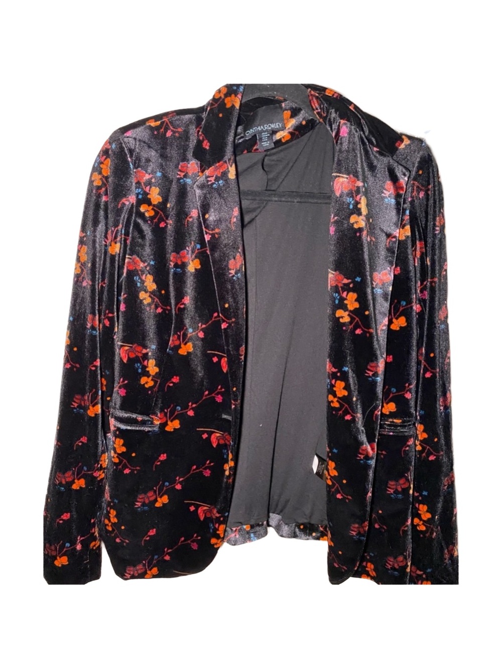 Cynthia Rowley Black Velvet Floral Blazer Lined Jacket Size Medium Long Sleeve